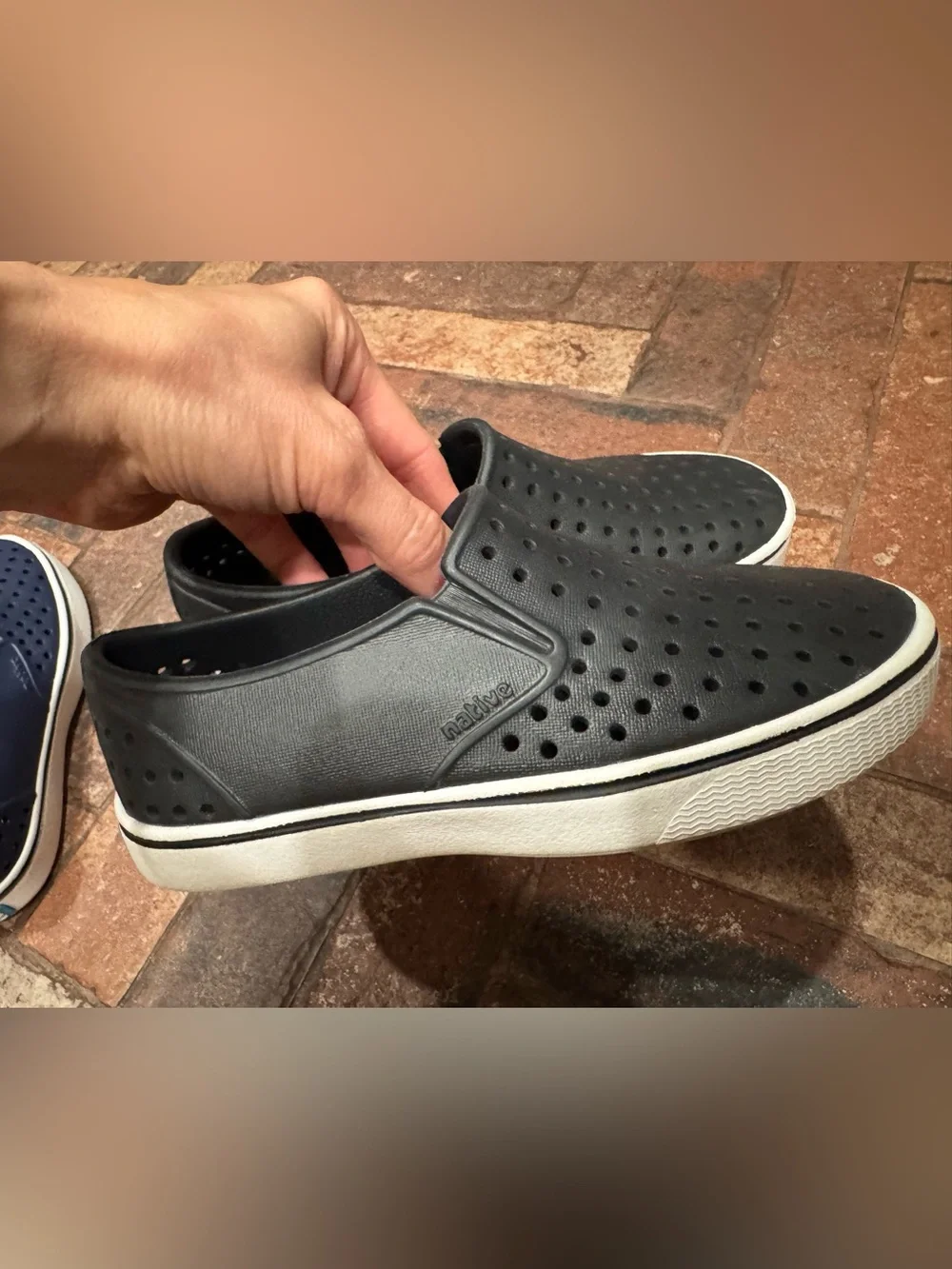 Native Miles kids’ Perforated Slip-On Shoes in Navy (NWOB) and Black(nearly new)